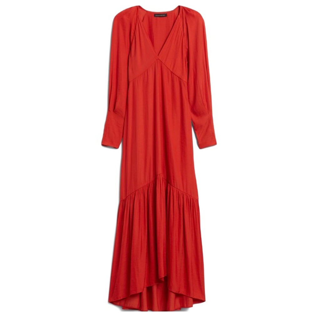 Banana Republic Deep V Neck Red Flowy Lantern Sleeve Valentines Maxi Dress